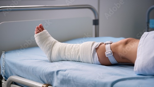 Lower leg wrapped in medical bandage resting on hospital bed with linen in clinical room, showing postoperative care and rehabilitation period
