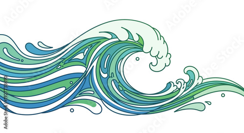 Stylized ocean wave illustration with blue and green swirling patterns.