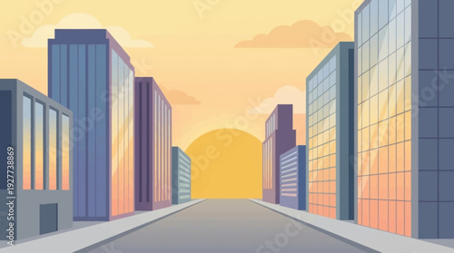 A stunning city skyline with tall modern skyscrapers rising into a golden sunrise warm light reflects on glass buildings wide street perspective clean minimal vector illustration flat design