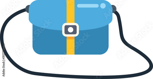 Blue shoulder bag with a yellow vertical stripe and black strap on a white background