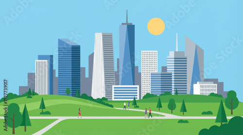 A modern city skyline with tall skyscrapers and green park foreground clean perspective minimal vector illustration flat design uncluttered composition
