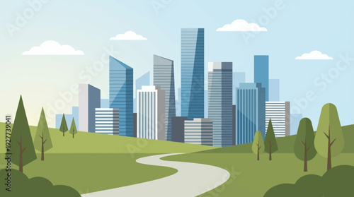 A modern city skyline with tall skyscrapers and green park foreground clean perspective minimal vector illustration flat design uncluttered composition