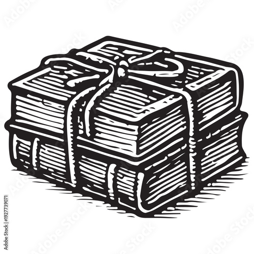 Vintage Bundle of Tied Old Books Black and White Line Art Illustration Isolated