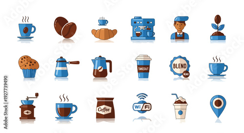 Flat lay illustration of various coffee time icons and objects on a clean white background