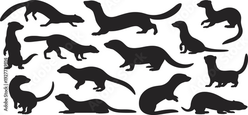 Otter silhouette set collection, playful river and sea otter poses isolated black wildlife animal vector illustration