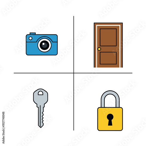 Collection of everyday objects - camera, door, key, and padlock.