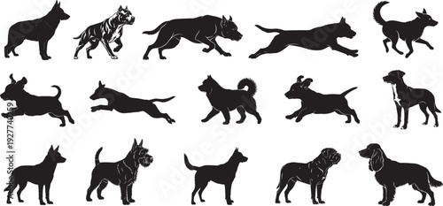 Set of dog silhouettes in various poses and breeds, standing, running and jumping isolated on white background.
