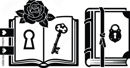 Flat design open journal with rose and ornate keyhole close up vintage locked book with strap and heart accents black