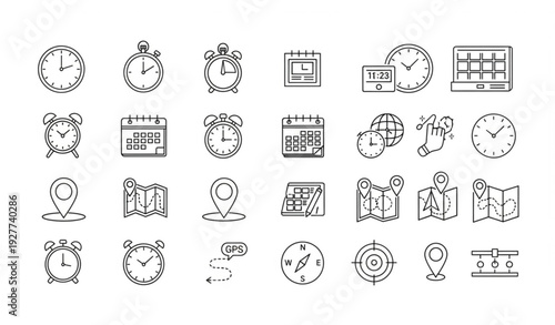 Time and Location Scheduling Thin Line Icons Set with Clocks Maps and Calendar Editable Stroke Vector Collection