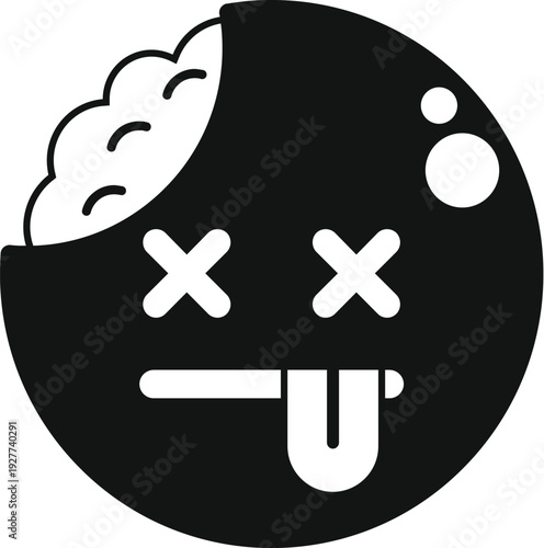 Black and white icon showing a bitten cookie representing a dead or dizzy emoji