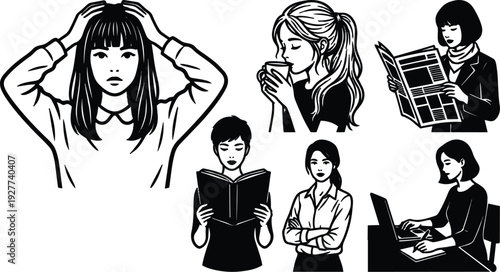Minimalist line art women in various poses typing reading drinking coffee holding head and reading newspaper in studio sitting portrait
