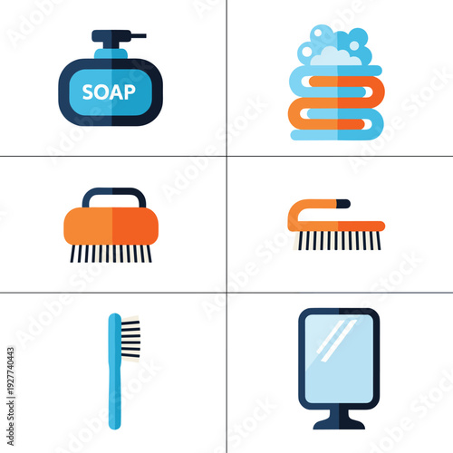 Assortment of Bathroom Cleaning and Hygiene Items in Flat Vector Style.