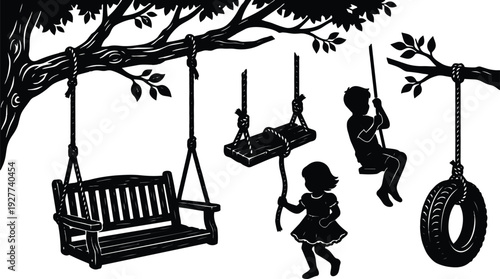 Silhouette vector art hanging swings bench tire rope children playing side view under tree backyard afternoon playful mood black white