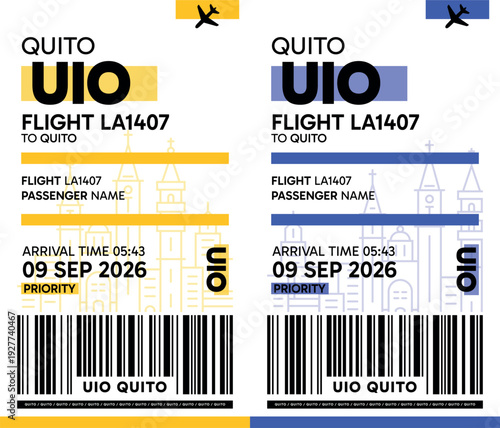 UIO, Quito, Ecuador luggage label, boarding pass template. Vector minimalist illustration with airport code, city destination, flight info. Flat, modern image layout