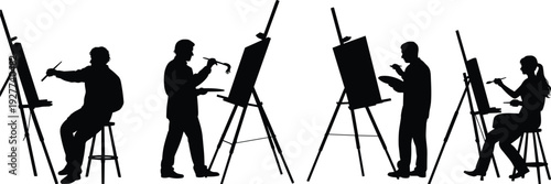 Painter silhouette collection, male and female artists working on easel canvas, creative studio scene isolated black flat vector illustration