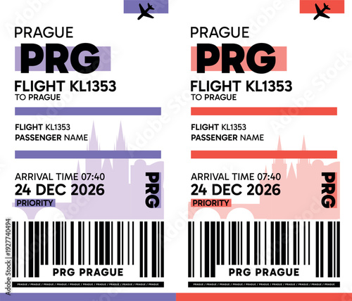 PRG, Prague, Czech Republic luggage label, boarding pass template. Vector minimalist illustration with airport code, city destination, flight info. Flat, modern image layout