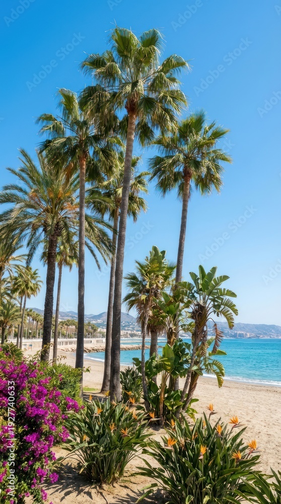 Fototapeta premium Palm tree tropical plants on beach under blue sky Malaga