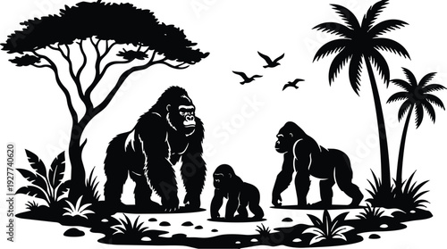 Flat design silhouetted gorilla family three figures walking in tropical jungle with palm trees low angle silverback looking forward serene