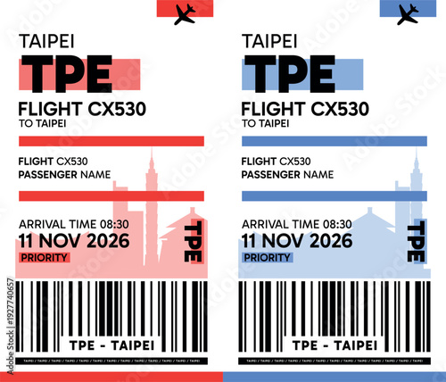 TPE, Taipei, Taiwai luggage label, boarding pass template. Vector minimalist illustration with airport code, city destination, flight info. Flat, modern image layout