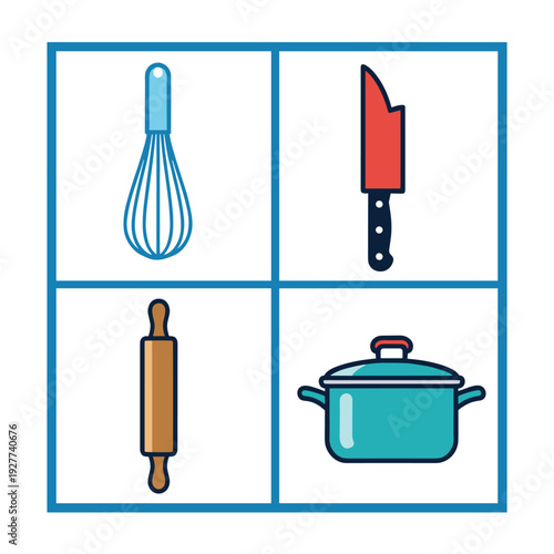 Set of four colorful cooking and baking tool icons.