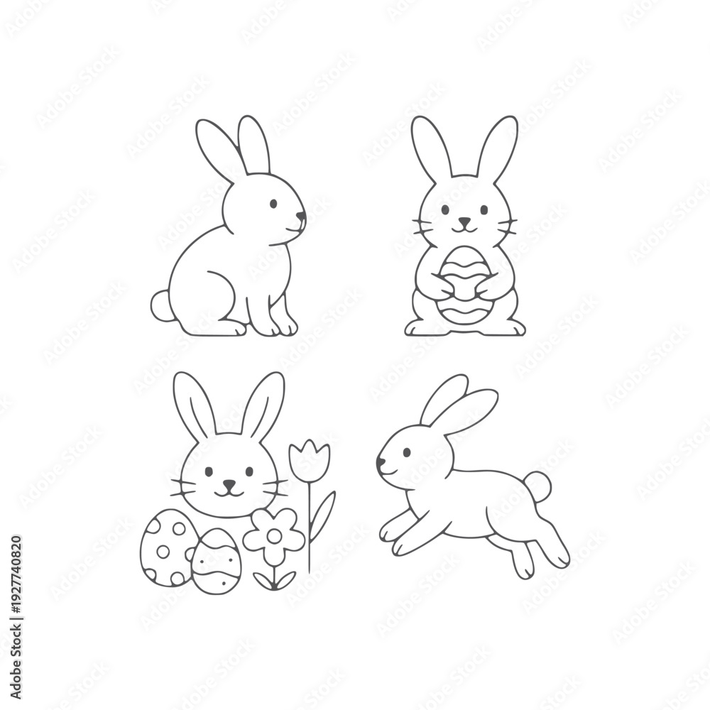 Obraz premium Easter Bunny Cartoon Pack – Rabbits with Eggs and Flowers
