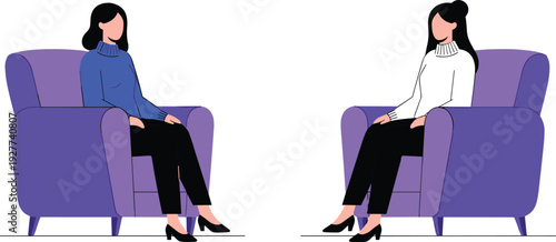 Two women talking in armchairs business consultation professional communication meeting flat vector illustration isolated