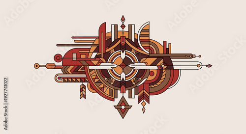 Vibrant abstract geometric pattern with tribal elements and symmetrical design.