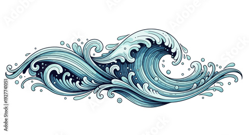 Ocean Wave Illustration with Swirling Water and Splashes.
