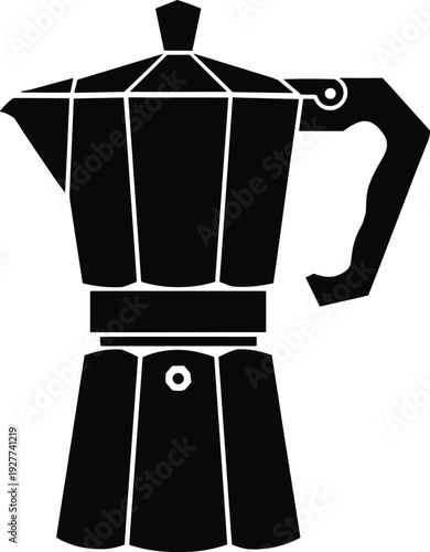 Black silhouette of a classic Moka pot Italian coffee maker isolated on white background, representing traditional espresso brewing and cafe culture.