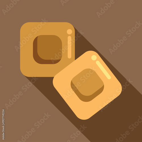 Two square caramel toffee candies with long shadows in simple flat design style