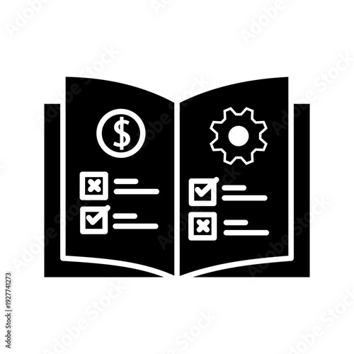 Minimalist line icon illustration of an open book with financial symbol and checklist elements, suitable for education, accounting, business planning, and documentation concepts.