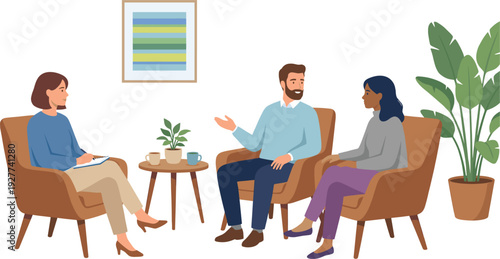 Group therapy counseling session with psychologist and couple discussing relationship mental health support flat vector illustration