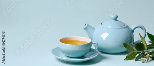 Wallpaper Mural The Teapot and Teacup Set with Fresh Leaves on Pastel Blue Background Torontodigital.ca