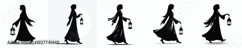 silhouette vector of a Muslim woman walking holding a Ramadan lantern