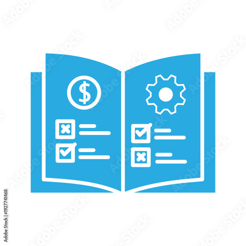 Minimalist line icon illustration of an open book with financial symbol and checklist elements, suitable for education, accounting, business planning, and documentation concepts.