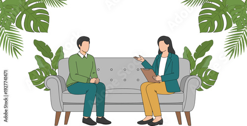 Psychologist and patient counseling session on sofa with indoor plants mental health therapy flat vector illustration