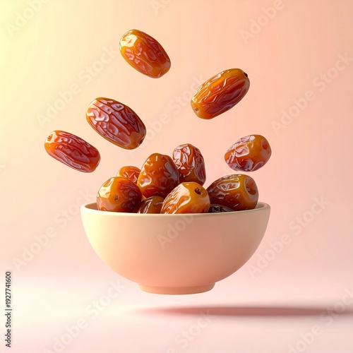 Fresh Dates Levitating Above a Bowl in a Studio Setting.