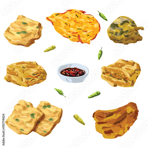 Delicious Indonesian snack fritters called Gorengan. Illustration of crispy bakwan sayur, tempe mendoan, and tahu isi for menu, app, blog, content, and promotional
