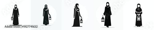 silhouette vector of a Muslim woman standing holding a Ramadan lantern