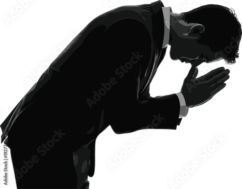 Side view of a businessman in a suit bowing with hands pressed together in a respectful greeting or traditional apology.