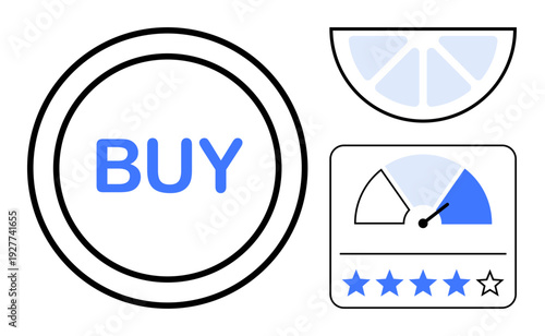 E-commerce concept. E-commerce icons including a buy button, rating scale, and customer feedback visuals. E-commerce enhancing online purchases and consumer decision-making. For retail, marketing, UX