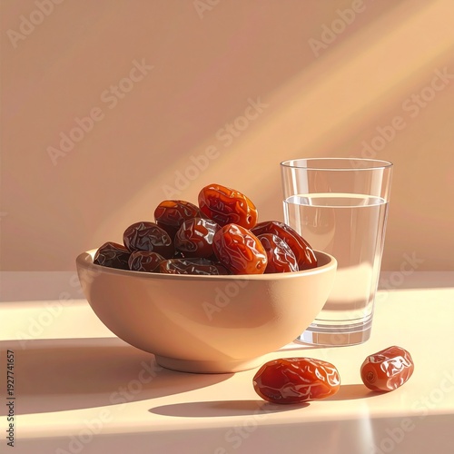 Bowl of Ripe Dates and Glass of Water on a Table.
