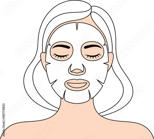 Illustration of a woman with a sheet mask on her face and closed eyes, embodying a moment of serene beauty and skincare.
