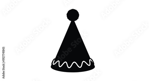 Simple black silhouette of a classic party hat with a pompom