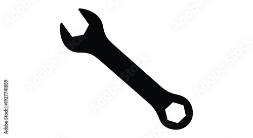 Simple black silhouette of an open end wrench against a white background
