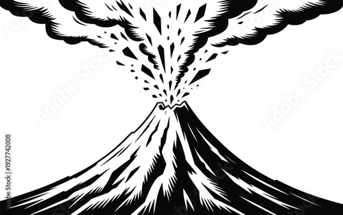 Dramatic woodcut-style illustration of a volcano erupting with thick smoke and debris, conveying raw power and natural chaos.