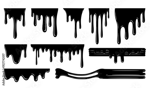Black sticky liquid drip and melting paint splatter vector set isolated on white background