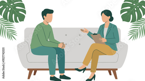 Psychotherapy counseling session flat vector with psychologist and patient talking on sofa mental health consultation illustration
