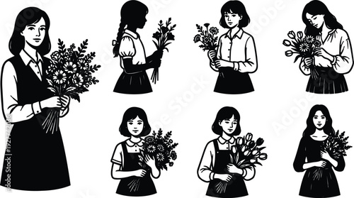 Line art vintage girls holding bouquets various poses front profile side view close up three quarter angle black and white