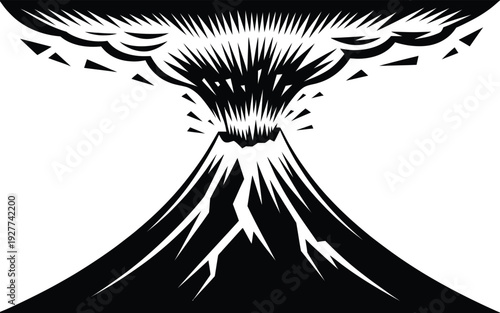Bold, graphic illustration of a volcano mid-eruption, with fragmented lava bursts and dense smoke plumes, symbolizing immense force.
